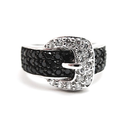 Buckle ring - Black and Clear Pave Cubic Zirconias - Click Image to Close